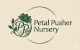 Petal Pusher Nursery logo featuring green leaves and a hand-drawn aesthetic.