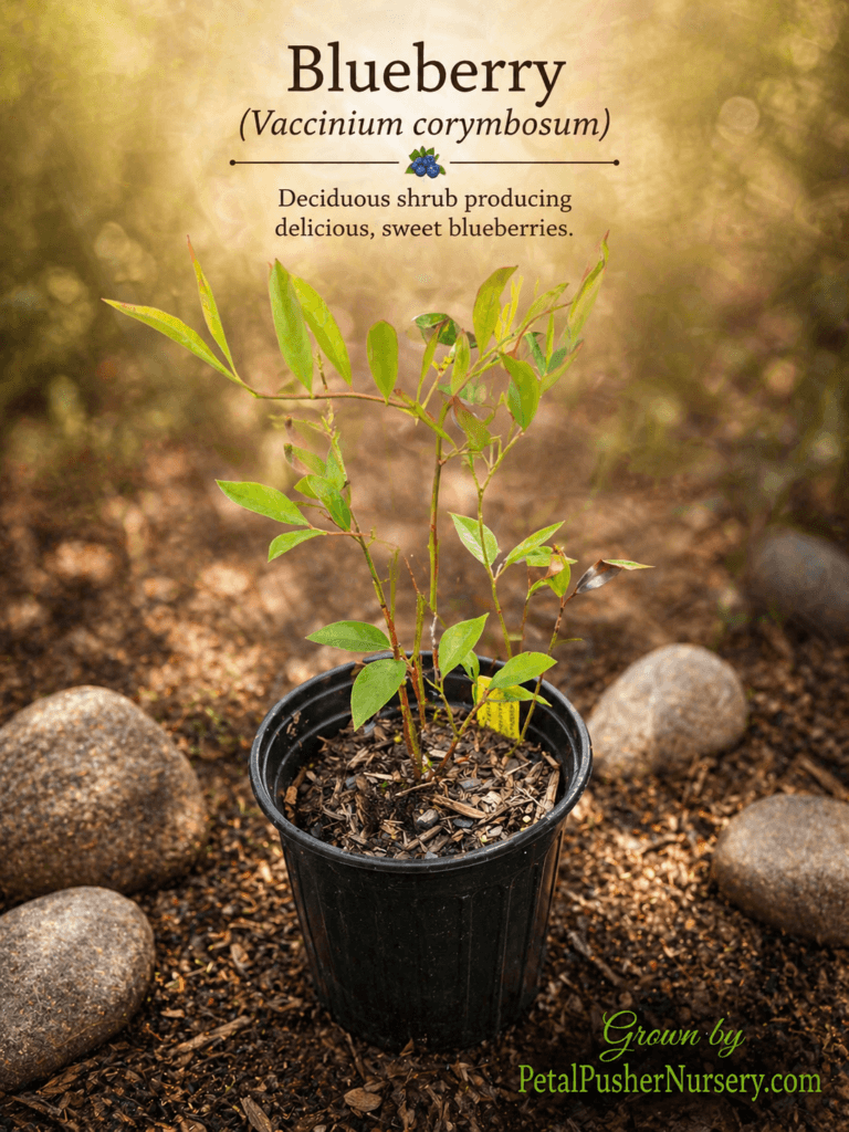 A young Highbush Blueberry starter plant in a black nursery pot with vibrant green leaves, set against a garden background with river rocks