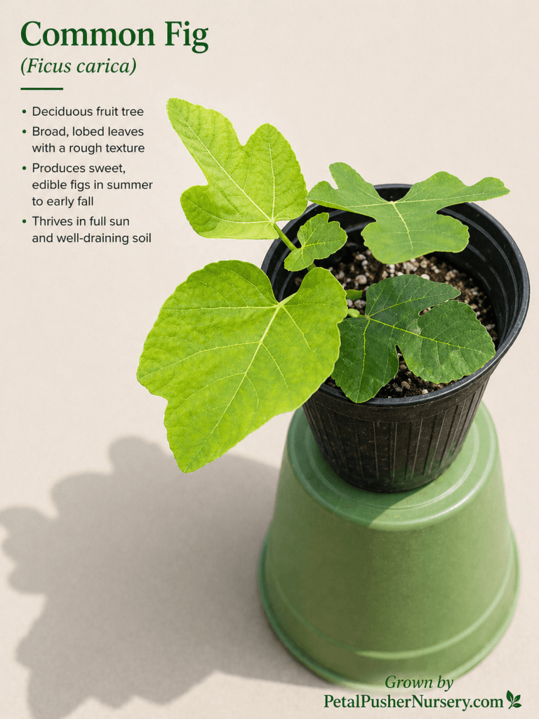 A young Common Fig plant in a black nursery pot, featuring broad, lobed green leaves with a rough texture.