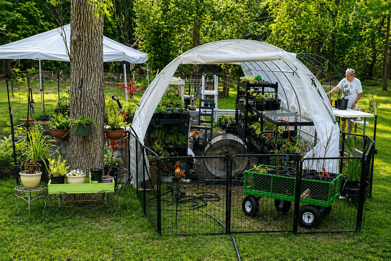 A wide view of the Petal Pusher Backyard Nursery featuring a white greenhouse dome, seedling racks, and a green garden wagon under the shade of large trees.