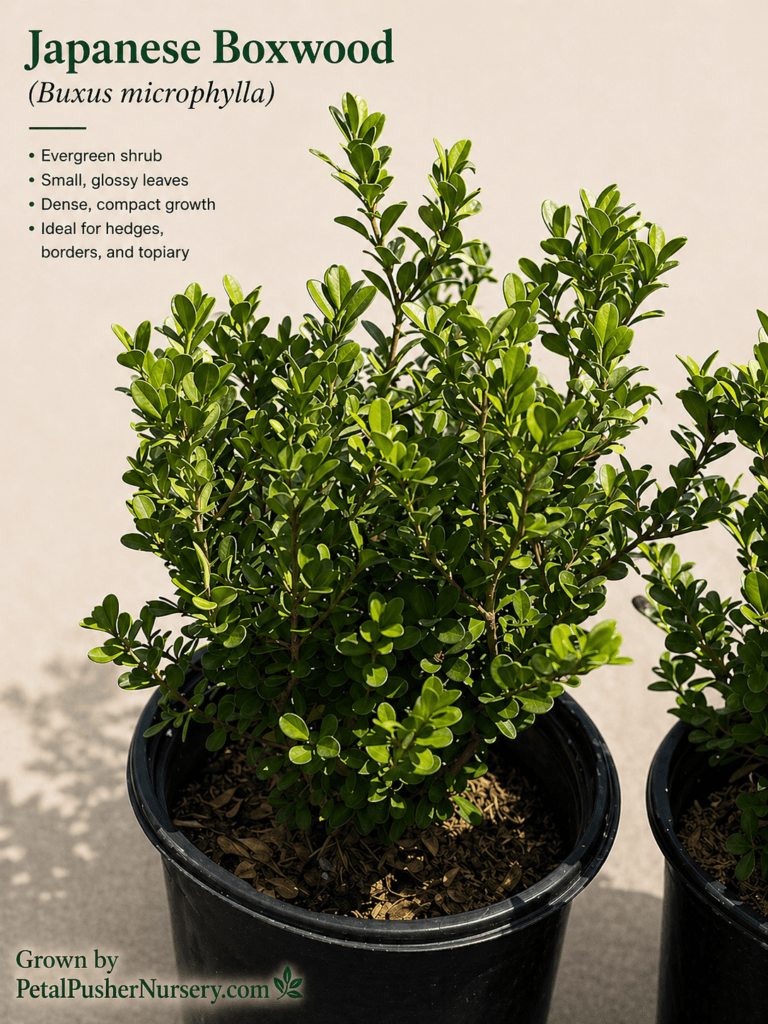 A Japanese Boxwood shrub in a black nursery pot with dense, glossy green leaves and an informational graphic overlay.