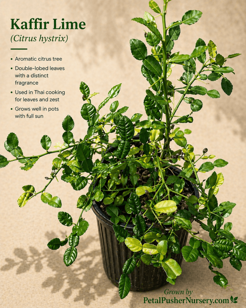 A healthy Kaffir Lime (Makrut Lime) tree in a black nursery pot, featuring its distinctive double-lobed leaves and aromatic green foliage.