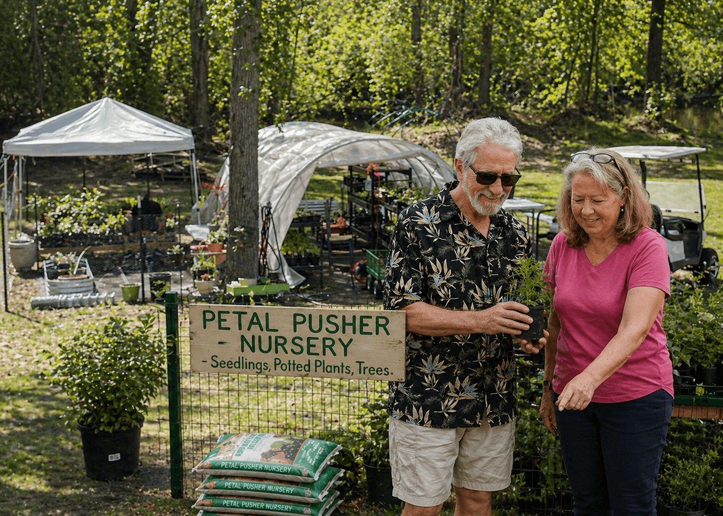 Owners Phyllis and Art standing together at Petal Pusher Nursery, holding a potted plant next to a wooden nursery sign and bags of soil.