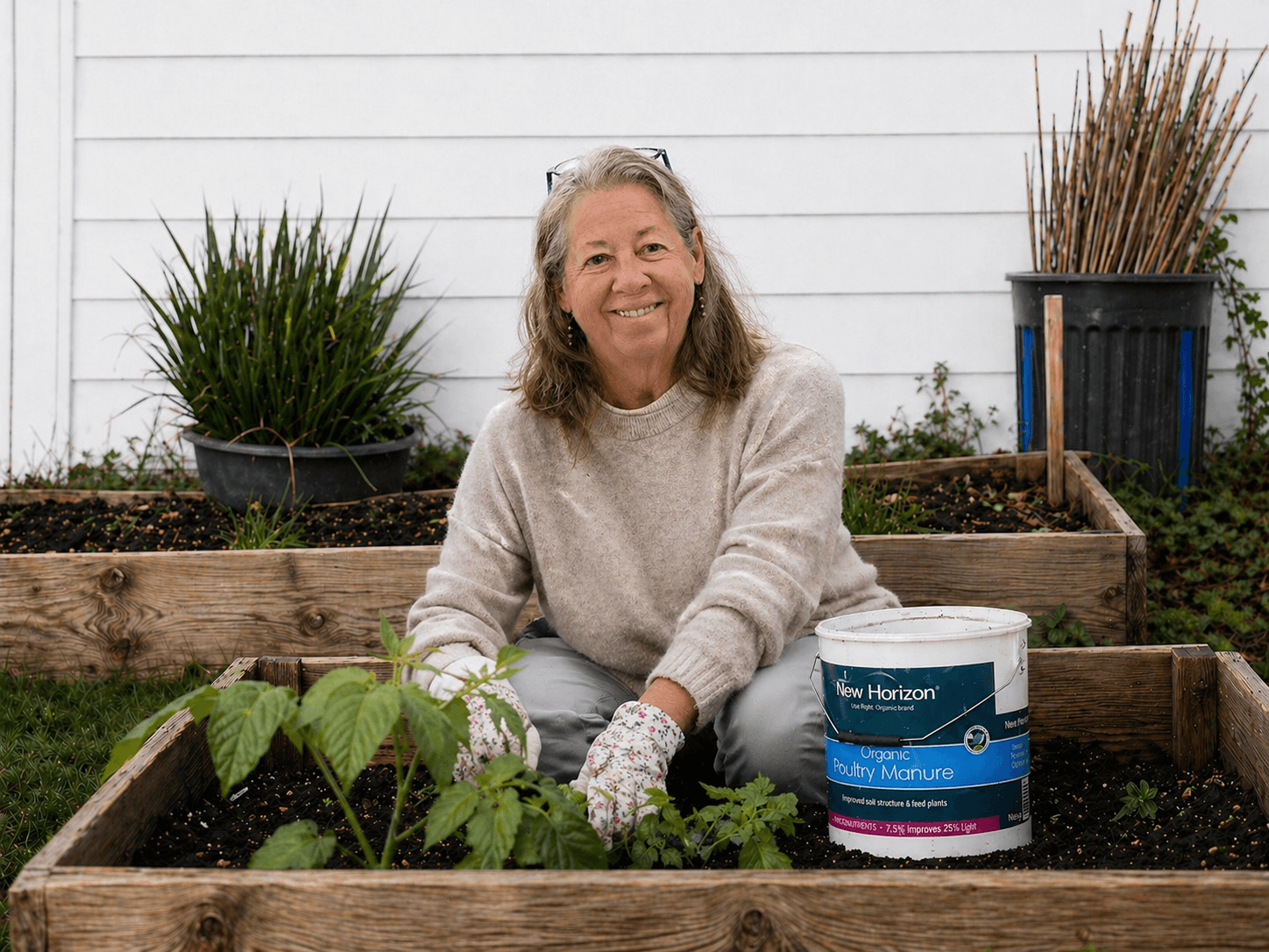 Phyllis from Petal Pusher Nursery smiling while planting a young tomato in a wooden raised bed, with a bucket of New Horizon Organic Poultry Manure nearby.