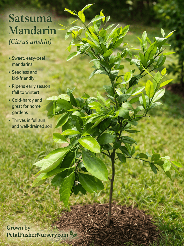 A young Satsuma Mandarin tree in a black nursery pot with lush green leaves and a variety label highlighting its seedless, kid-friendly fruit
