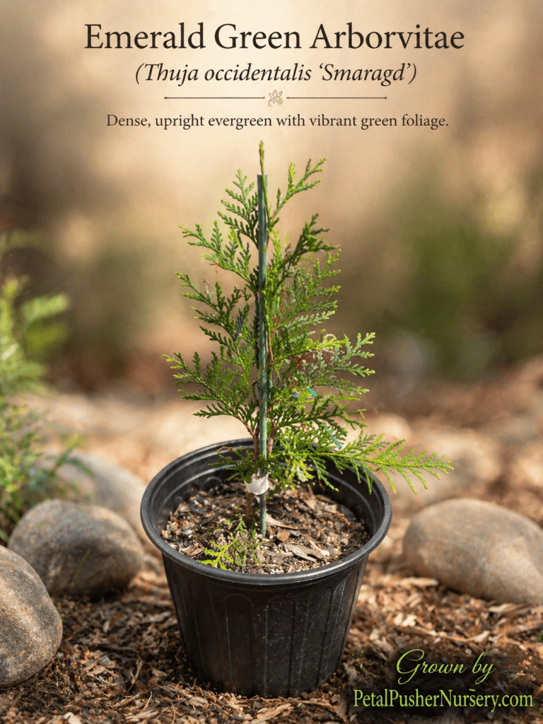 A young Emerald Green Arborvitae sapling in a black nursery pot, showing dense, upright evergreen foliage and a variety label.