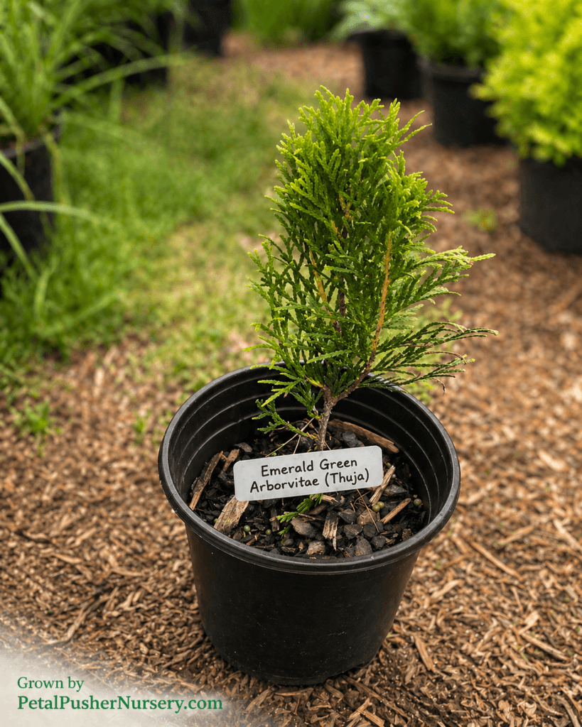 A young Emerald Green Arborvitae (Thuja) sapling in a black nursery pot, showing dense, upright evergreen foliage and a variety label.