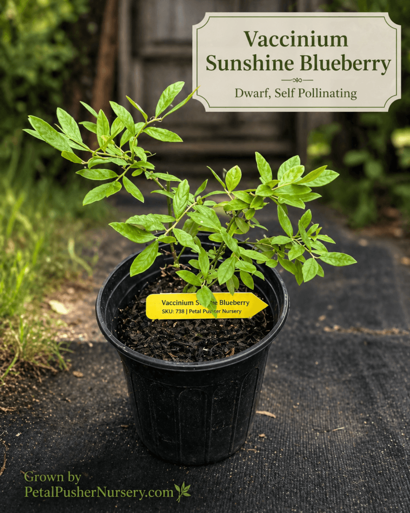 A Dwarf Sunshine Blueberry plant in a black nursery pot with bright green foliage and a "Vaccinium Sunshine Blueberry" variety label.