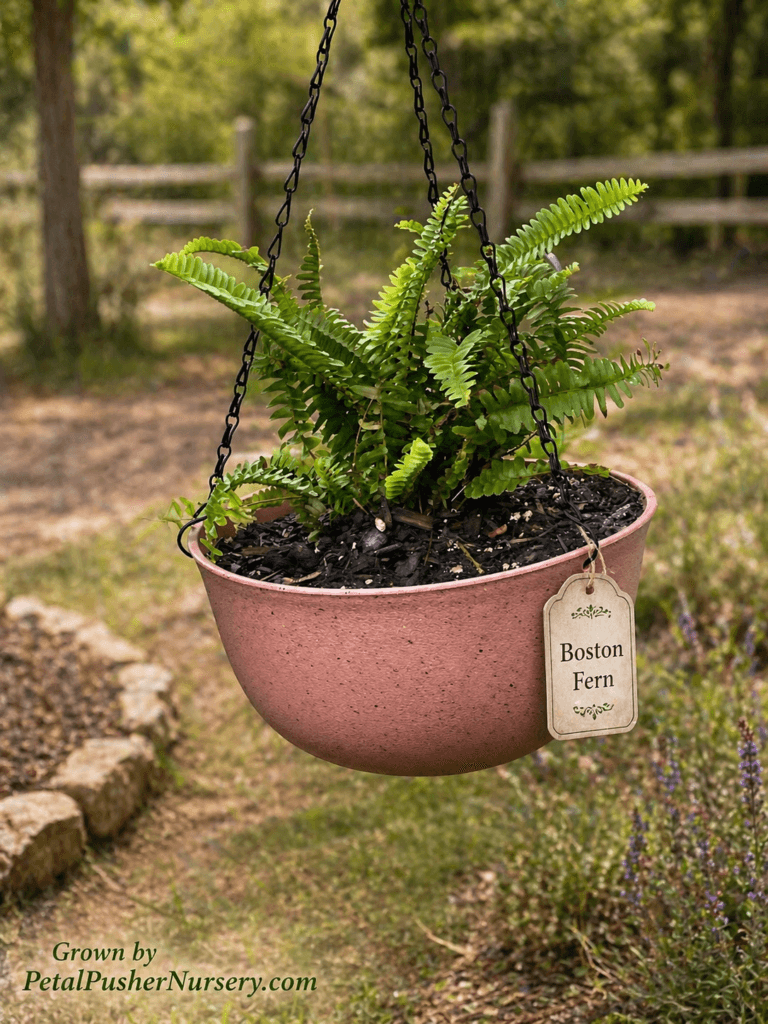 For the Boston Fern image you are currently editing, here are the fields for your spreadsheet: 🌿 Boston Fern (Nephrolepis exaltata) A lush Boston Fern in a pink hanging planter, featuring bright green arching fronds and a "Boston Fern.