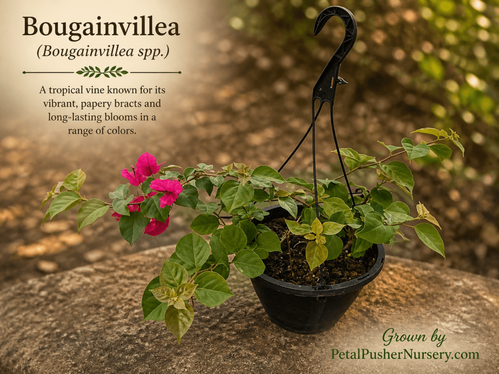 Bougainvillea plant with green leaves in a black hanging pot, featuring a descriptive overlay about the tropical vine.
