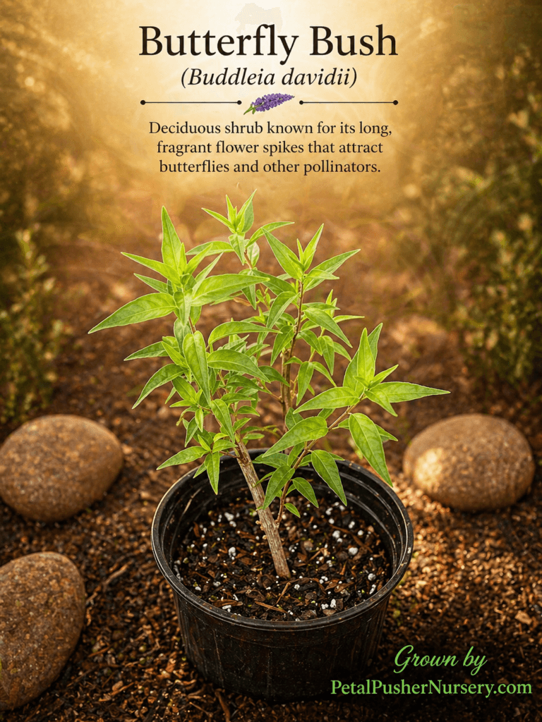A young Butterfly Bush plant in a black nursery pot, set against a garden background with smooth river stones.