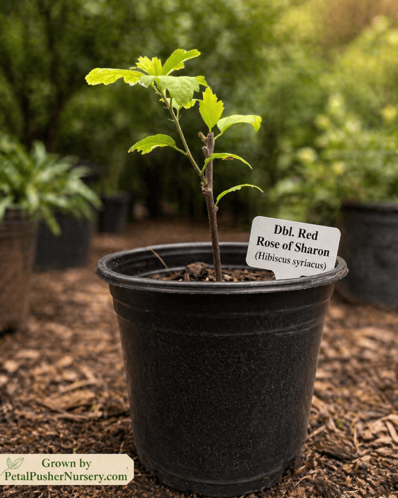 A Double Red Rose of Sharon starter plant in a black nursery pot with green serrated leaves and a variety label.