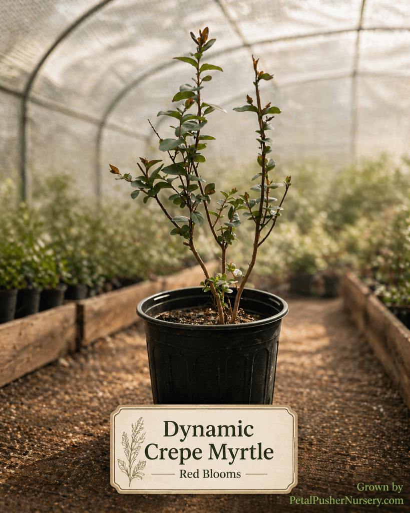 A young Dynamic Crepe Myrtle sapling in a black nursery pot featuring red bloom potential and a decorative variety label.