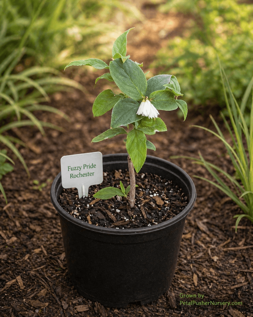 A Fuzzy Pride Rochester Deutzia plant in a black nursery pot featuring small white bell-shaped flowers and a white identification tag.