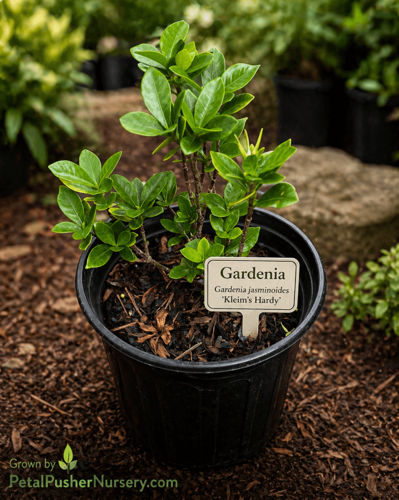 A young Kleim's Hardy Gardenia in a black nursery pot with glossy green leaves and a small identification sign.
