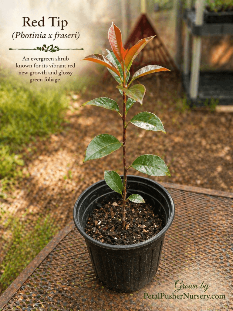 A Red Tip Photinia shrub showing its characteristic vibrant red new leaf growth at the tips of the branches.