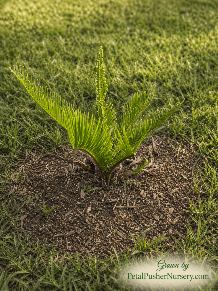 A young Sago Palm (Cycas revoluta) pup with bright green fronds growing in a garden bed