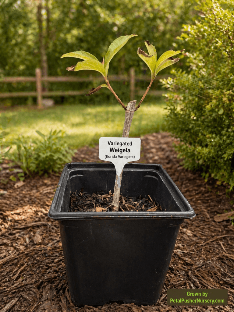 A young Variegated Weigela shrub in a square black nursery pot with green leaves edged in creamy white.